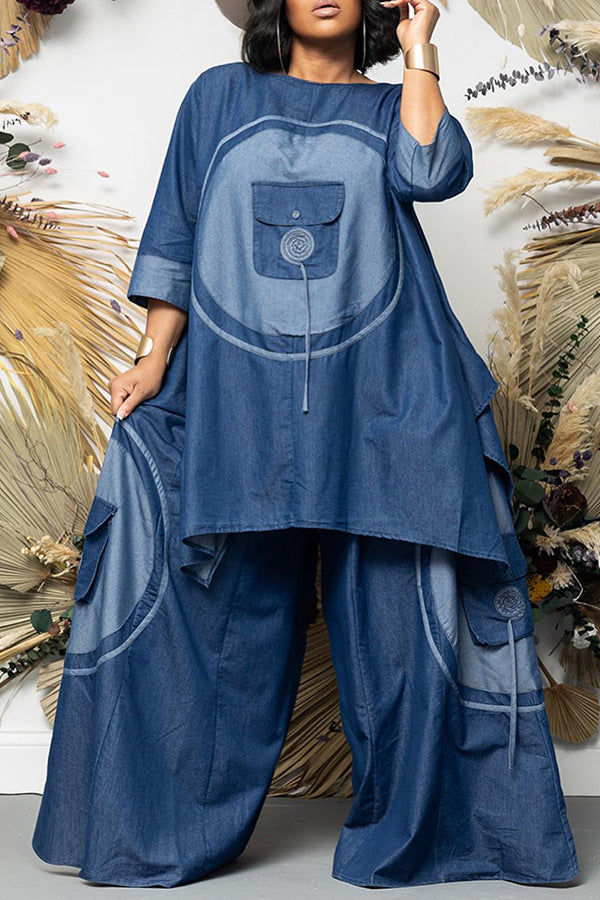 Three Large Organ Pocket Faux Denim Suits