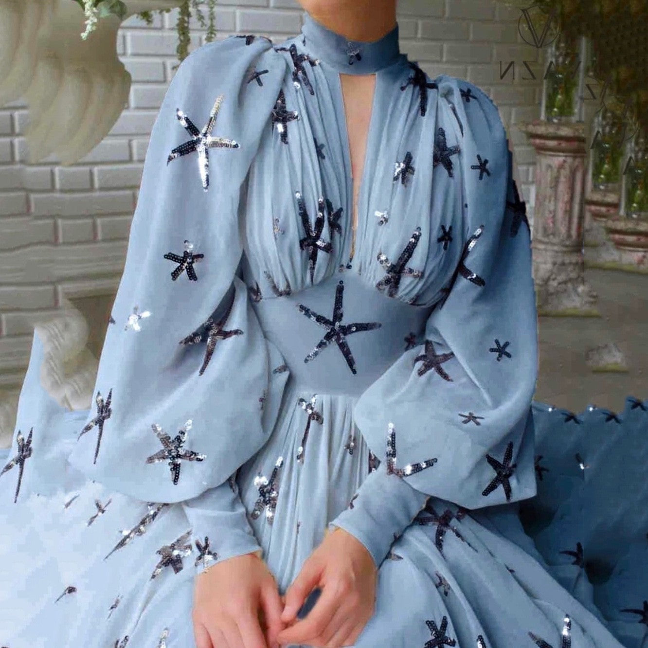 Sequined Slit Lantern Sleeve Formal Swing Dresses