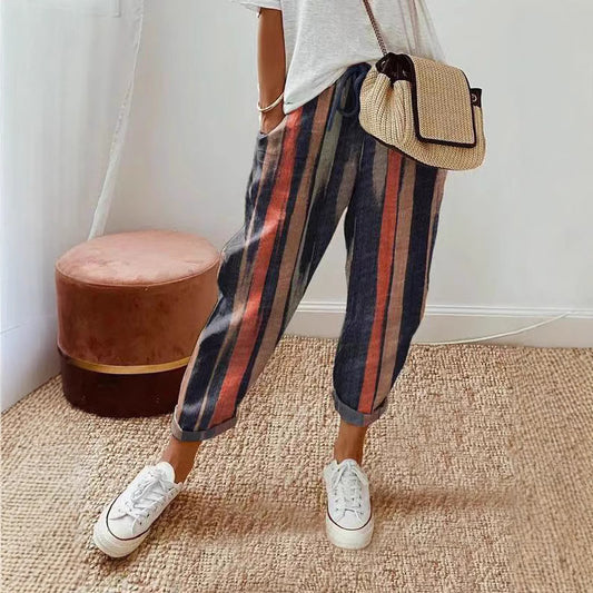 Women's Printed Cotton Linen Casual Trousers Pants