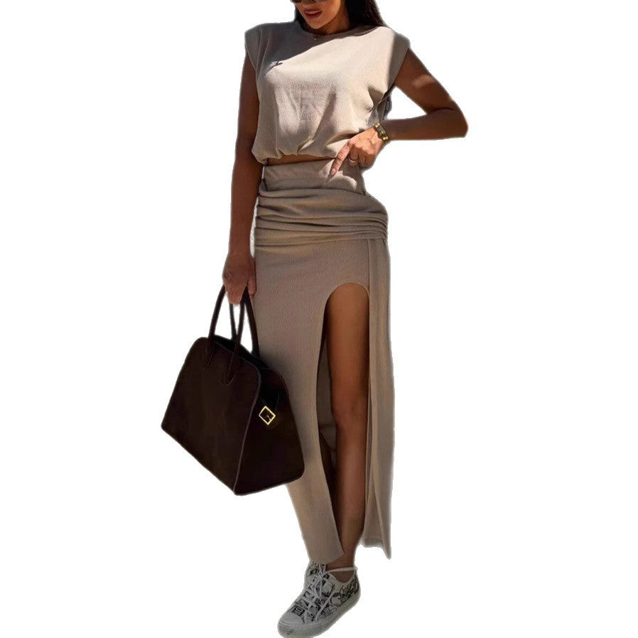 Comfortable Round Neck Sleeveless Drawstring Slit Midi Fashion Casual Suit