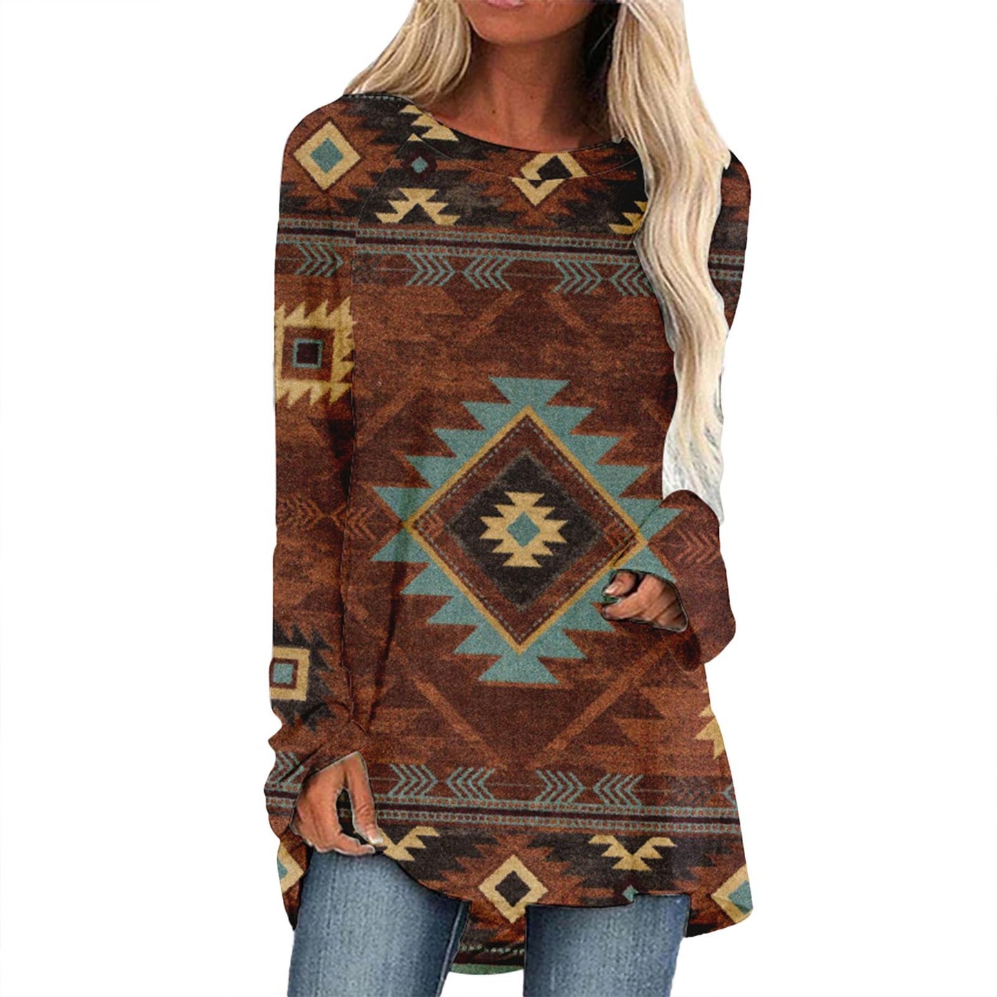 Women's Digital Printing Round Neck Long Sleeve Blouses
