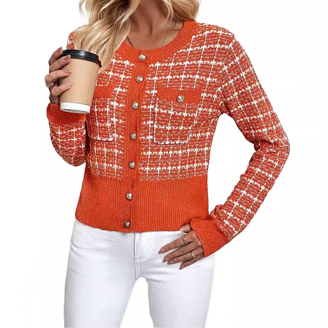 Trendy Fashion Classic Plaid Front Button Women's Sweater