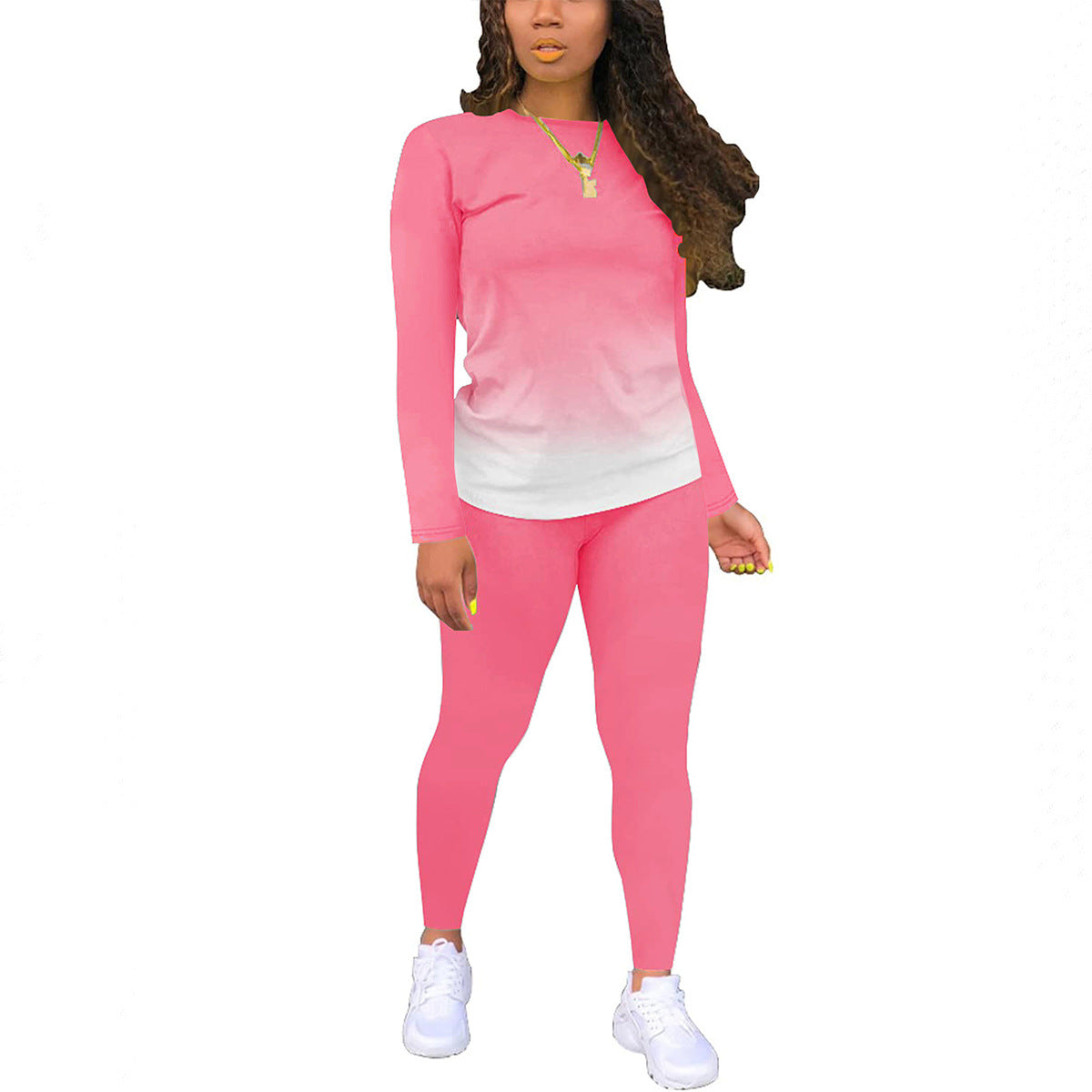 Women's Color Gradient Printing Round Neck Long Sleeve Trousers Suits