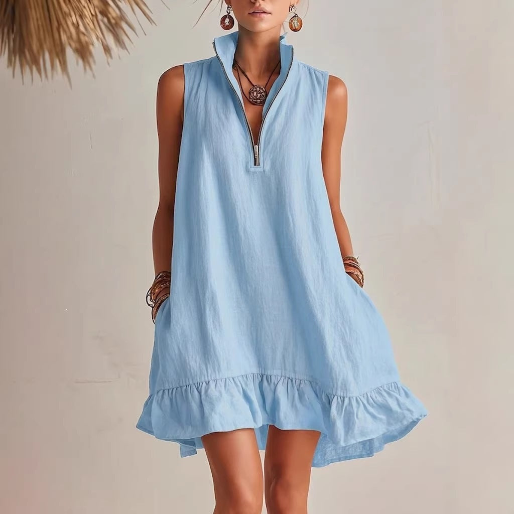 Women's Casual Loose Lotus Leaf Half Zip Dress