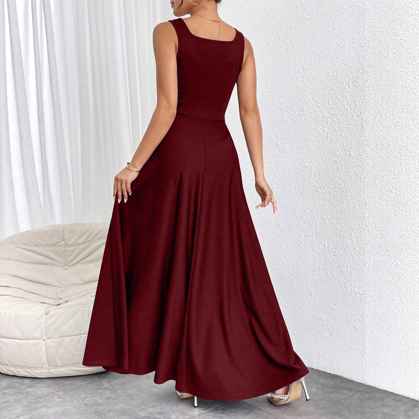 Women's Elegant Square Collar Sleeveless Solid Color Super Long Ladies Dress