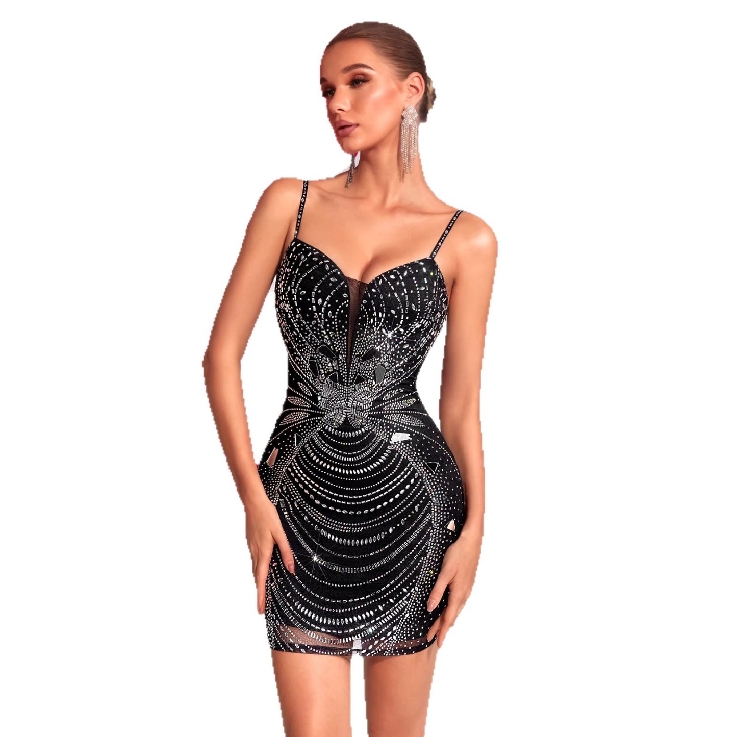 Sexy Sling Deep V Hip Handmade Rhinestone Dress