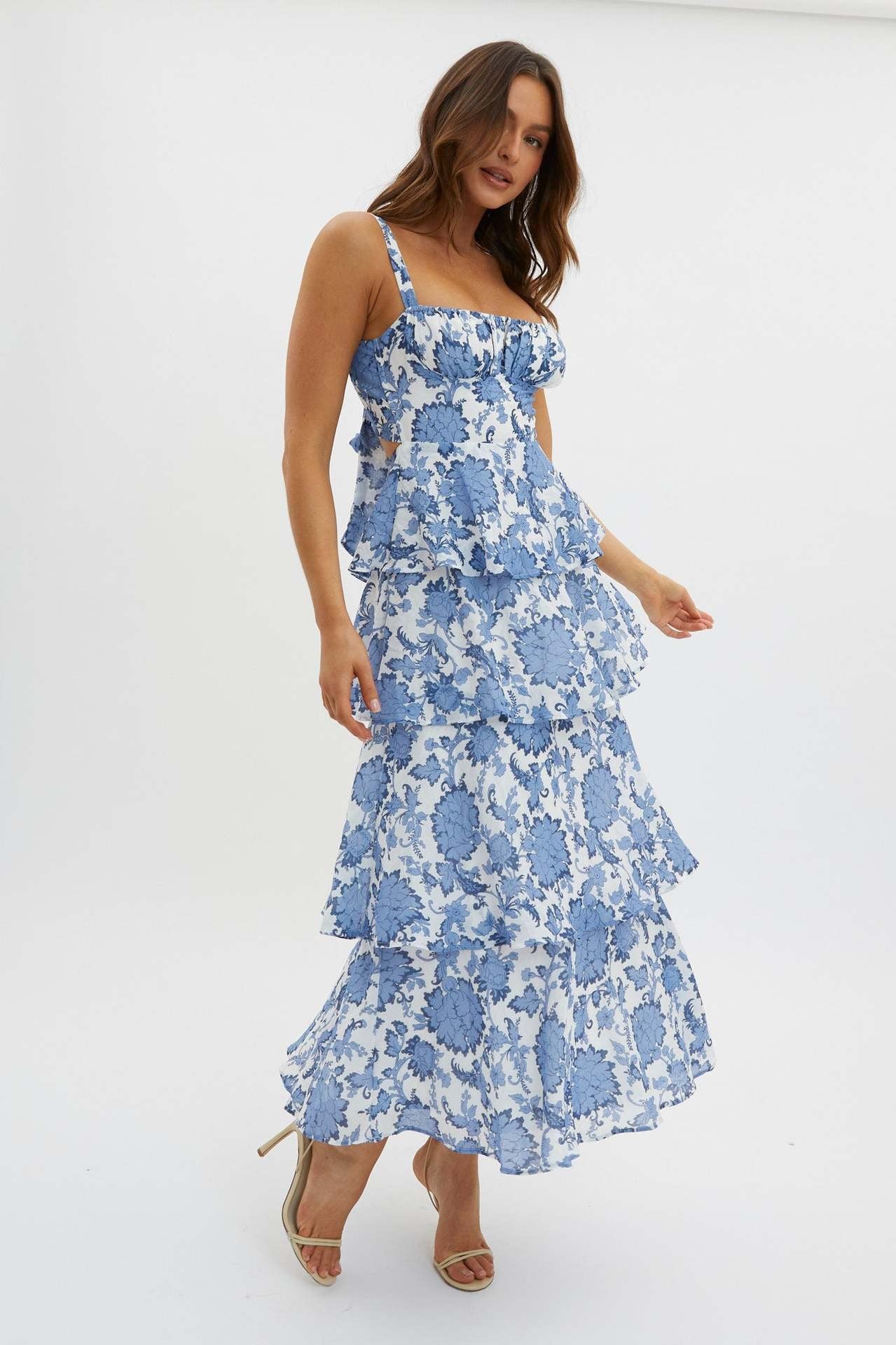 Women's Waist Trimming Spaghetti Straps Printed Long Dresses
