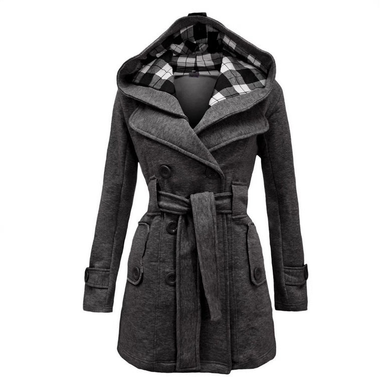 Women's Plaid Hooded Woolen Belt Double-breasted Long Coats