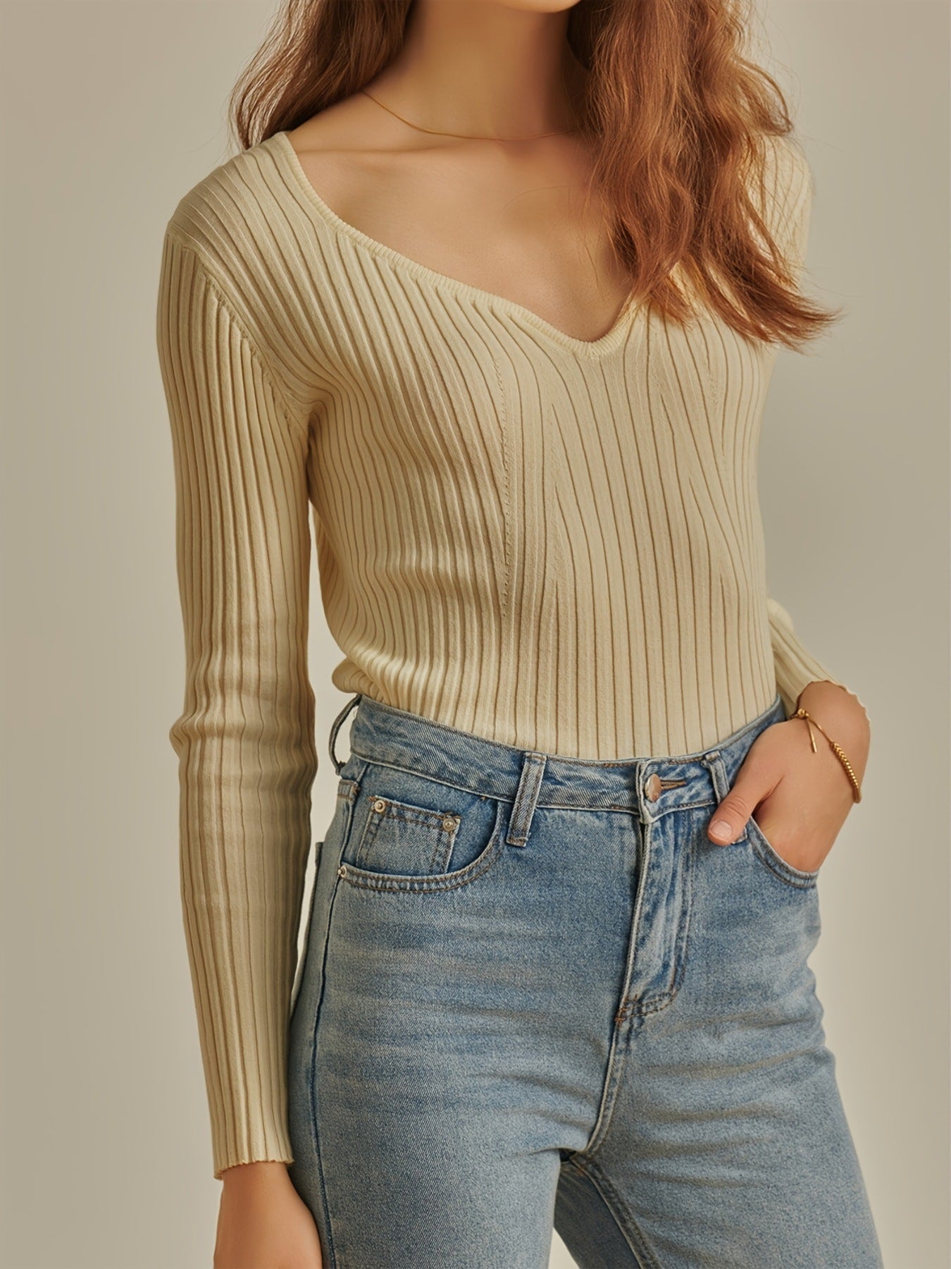 Women's Wear Sunken Stripe Tight Long Sleeve Knitted Bottoming Sweater