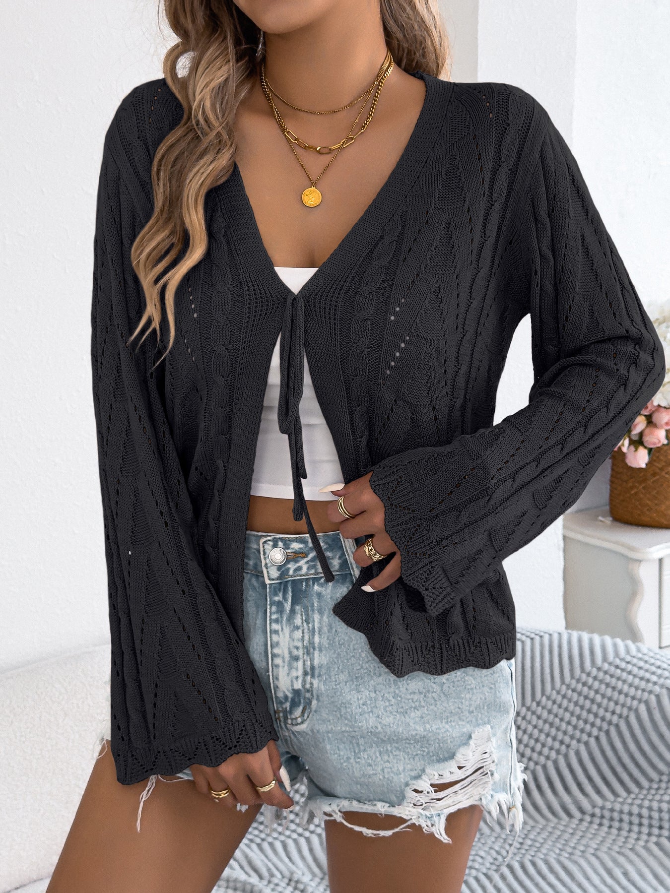 Women's Color Hollow Out Tied Flare Sleeve Cardigans