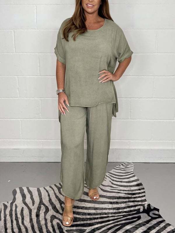 Solid Color Split Side Wide Leg Fashion Casual Suit