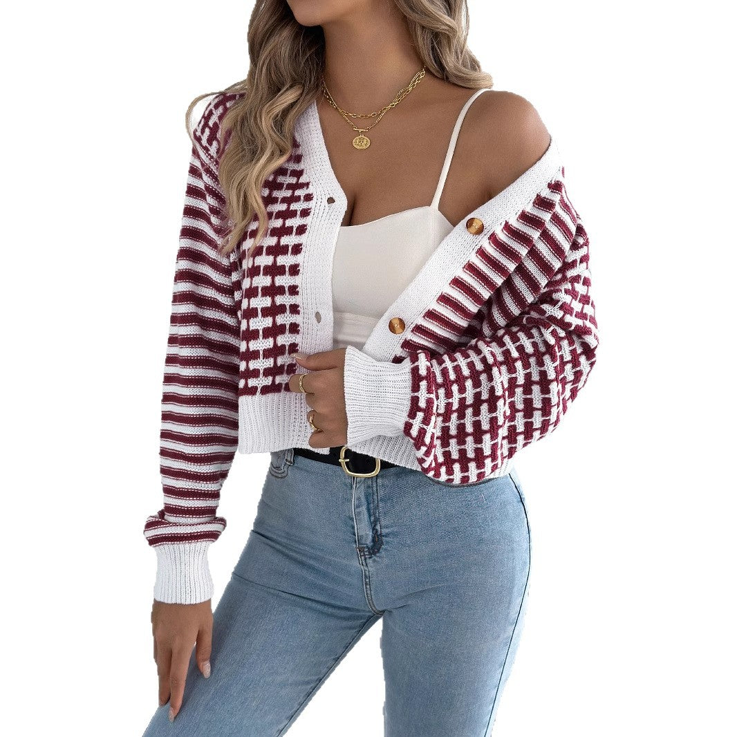 Women's Contrast Color Striped Lantern Long Sleeve Sweater