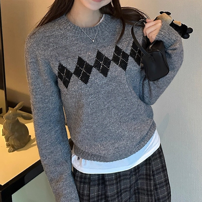 Women's Style Rhombus Jacquard Crew Neck Pullover Casual Women's Sweater