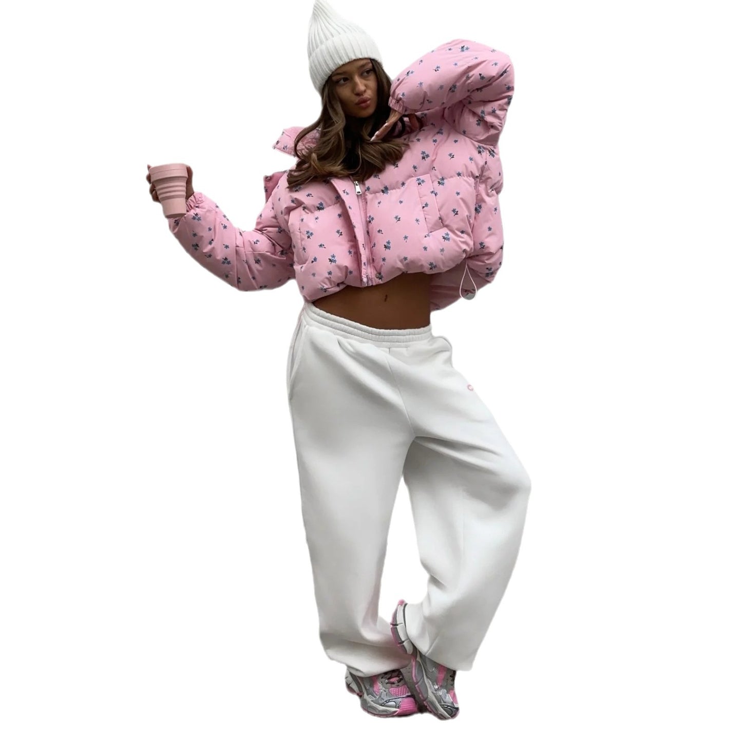 Women's Floral Bread Hoodie With Drawstrings Cotton Coats