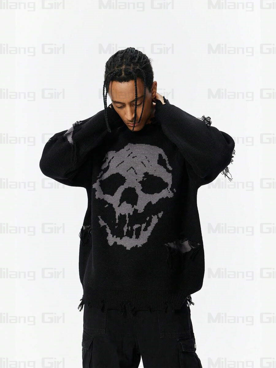 Skull Pattern Personality Street Ripped Pullover Sweaters