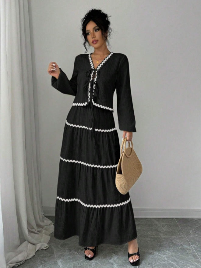 Women's Lace Layered Pleated Lantern Sleeve Bow Suits