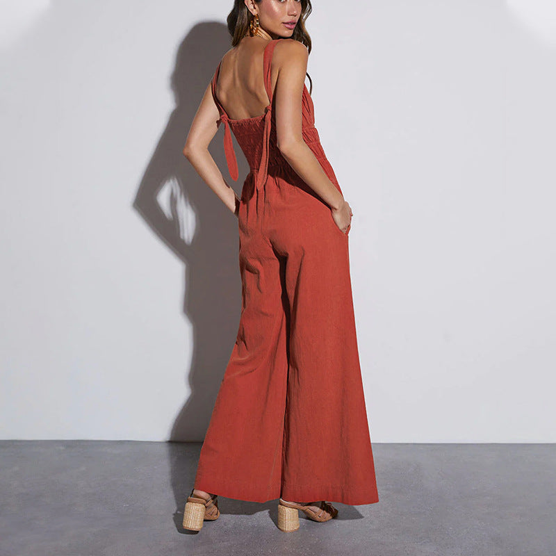 Summer Casual Spaghetti Strap Solid Color Jumpsuits