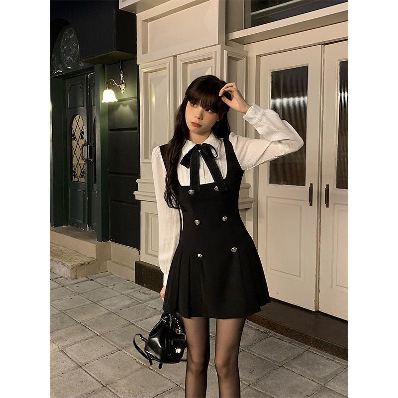 Women's Spring Sweet Pure Rich Long-sleeved Slimming Lapel Fake Two Skirts