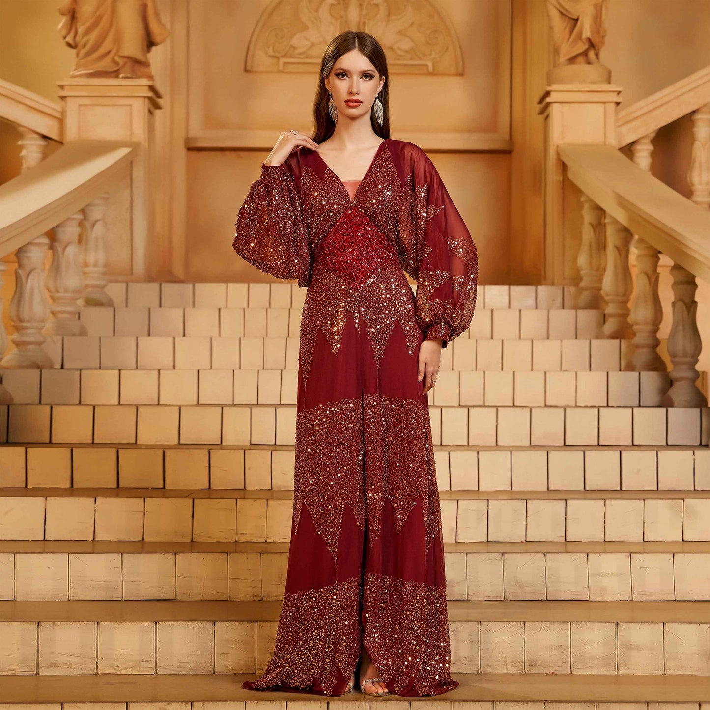 Women's French Style Long Dress Sleeve Sequined Dresses