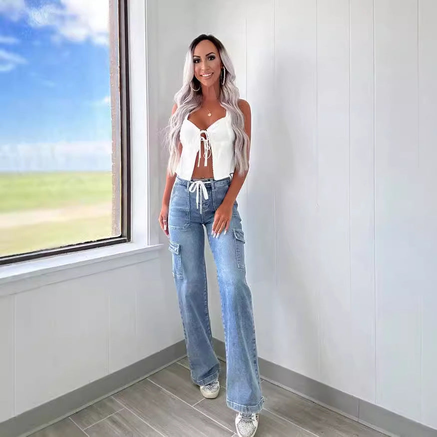 Women's Straight American Casual Lace Up Functional Jeans