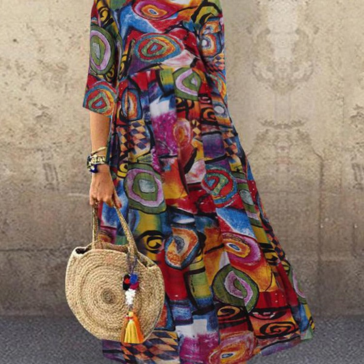 Women's Long Retro Bohemian Pleated Sleeve Waist Dresses