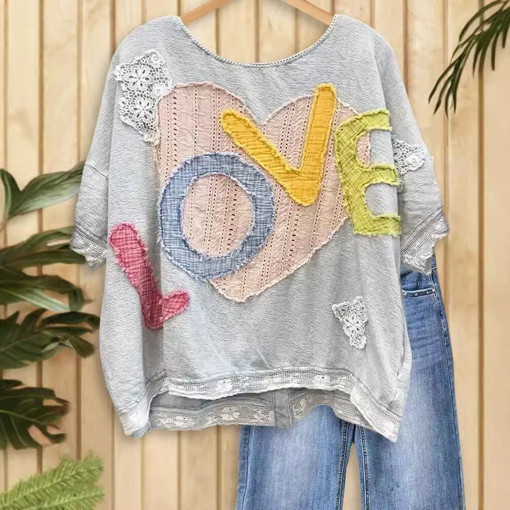 Letter Heart-shaped Lace Affixed Cloth Embroidered Tops