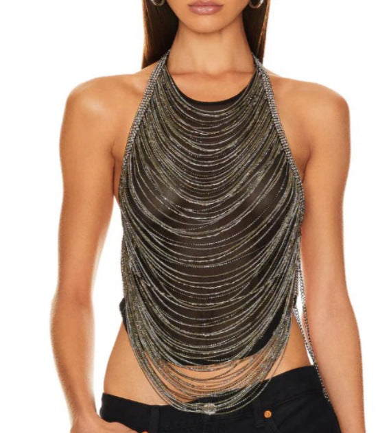 Rhinestone Inlaid Drill Chain Wave Tassel Tops