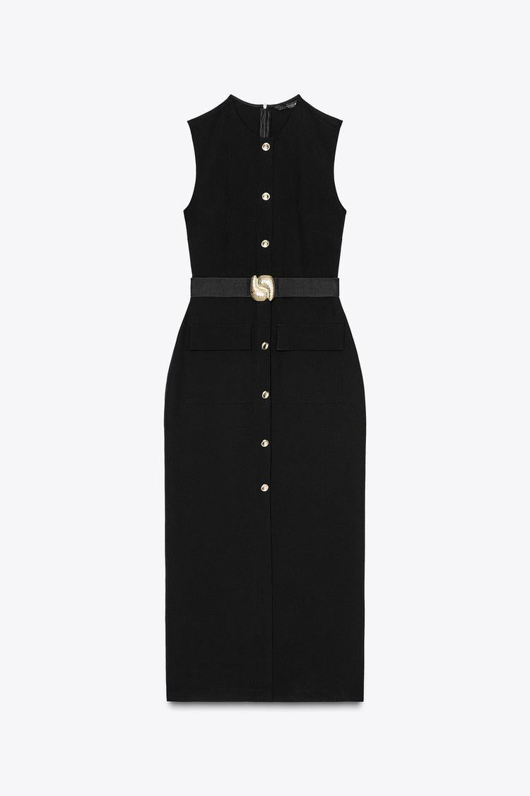 Women's Belt Sleeveless Round Neck Midi Dress Dresses