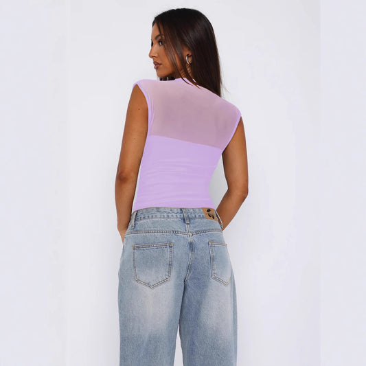 Women's Summer Half Collar Pure Color Mesh Tops