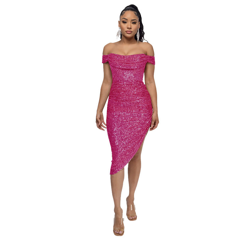 Women's French Style Pleated Sequined Split Elegant Dresses