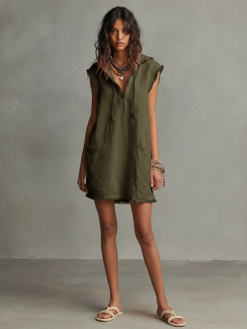 Women's Minimalist Linen Blended Mini Hooded Sleeveless Frayed Dress