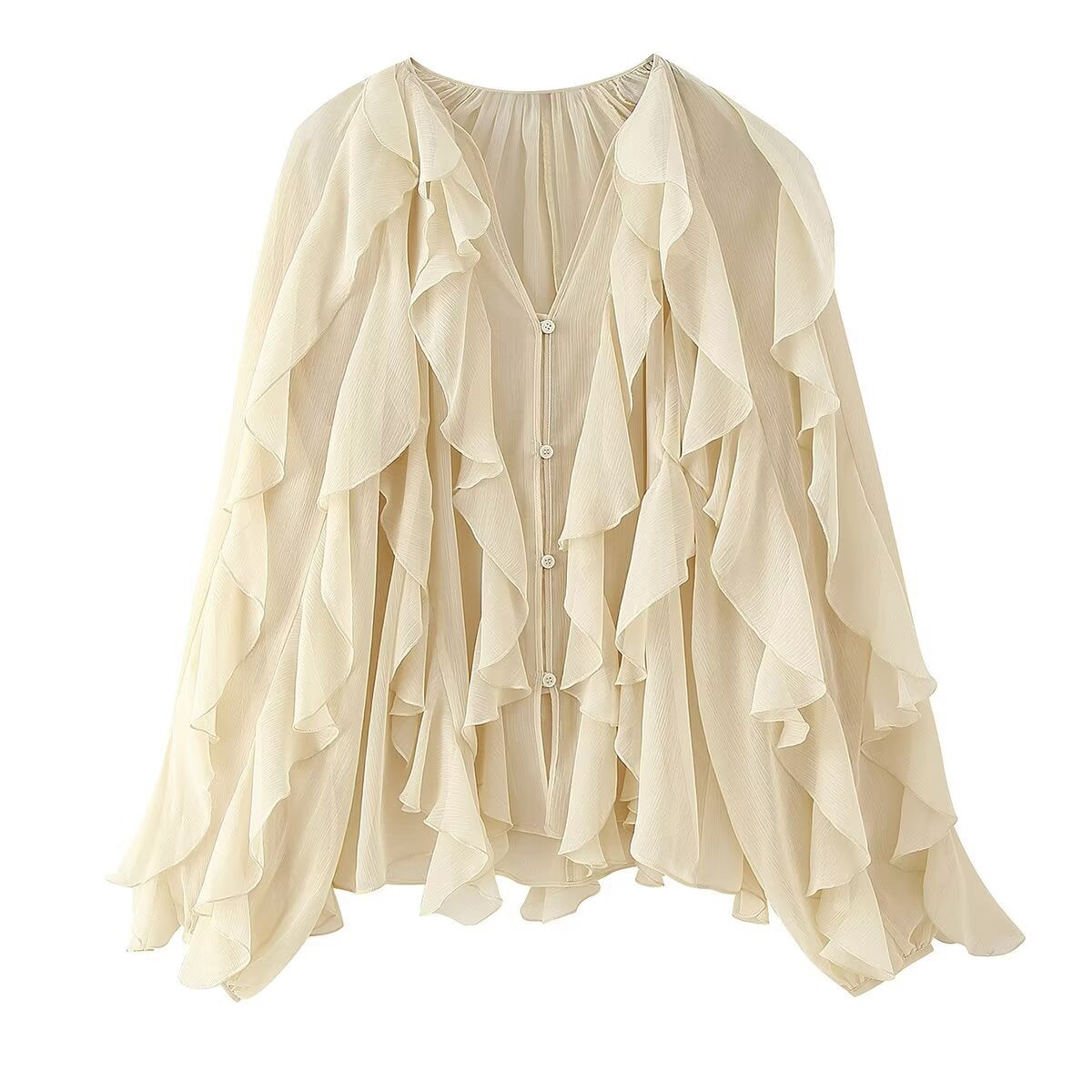 Women's Graceful Fashionable Laminated Decoration Long Sleeve Blouses