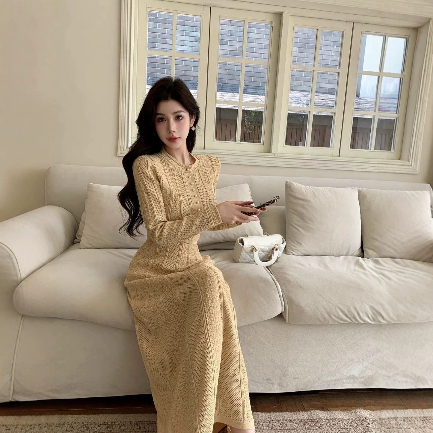 Women's French Style Knitted Long-sleeved High Waist Dress