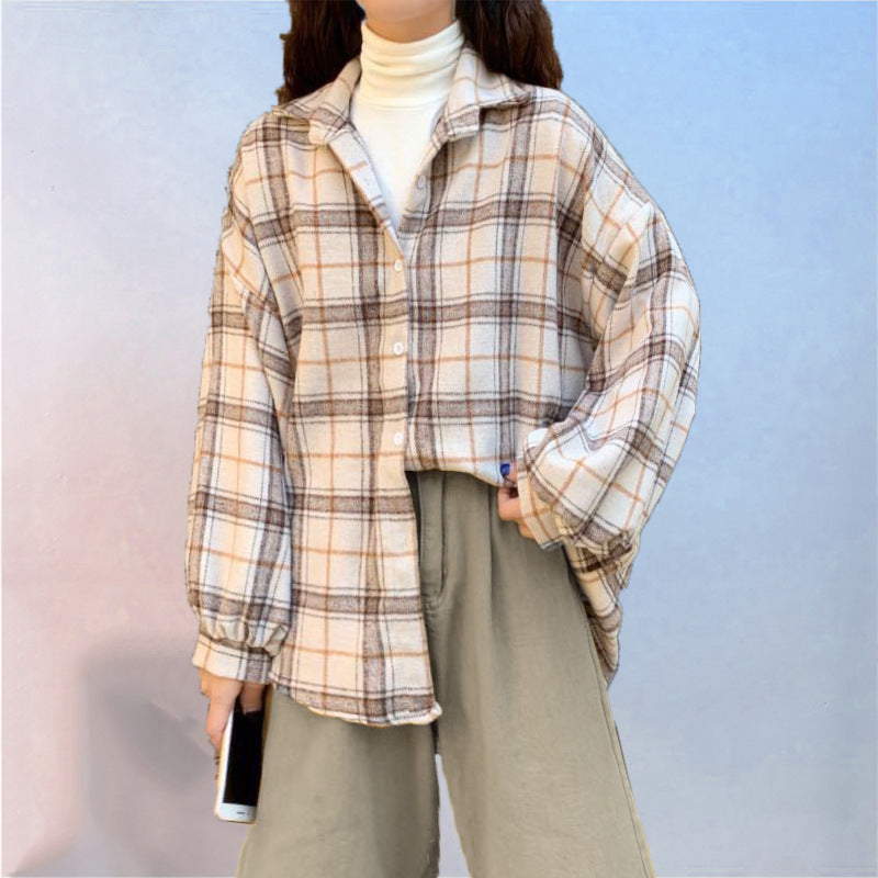 Women's Retro Style Plaid Long-sleeved Shirt Autumn Blouses