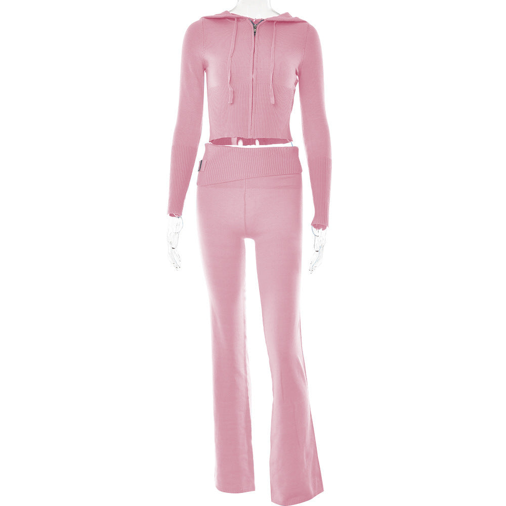 Women's Knitted Hooded Fashion Sexy High Waist Long-sleeved Trousers Suits