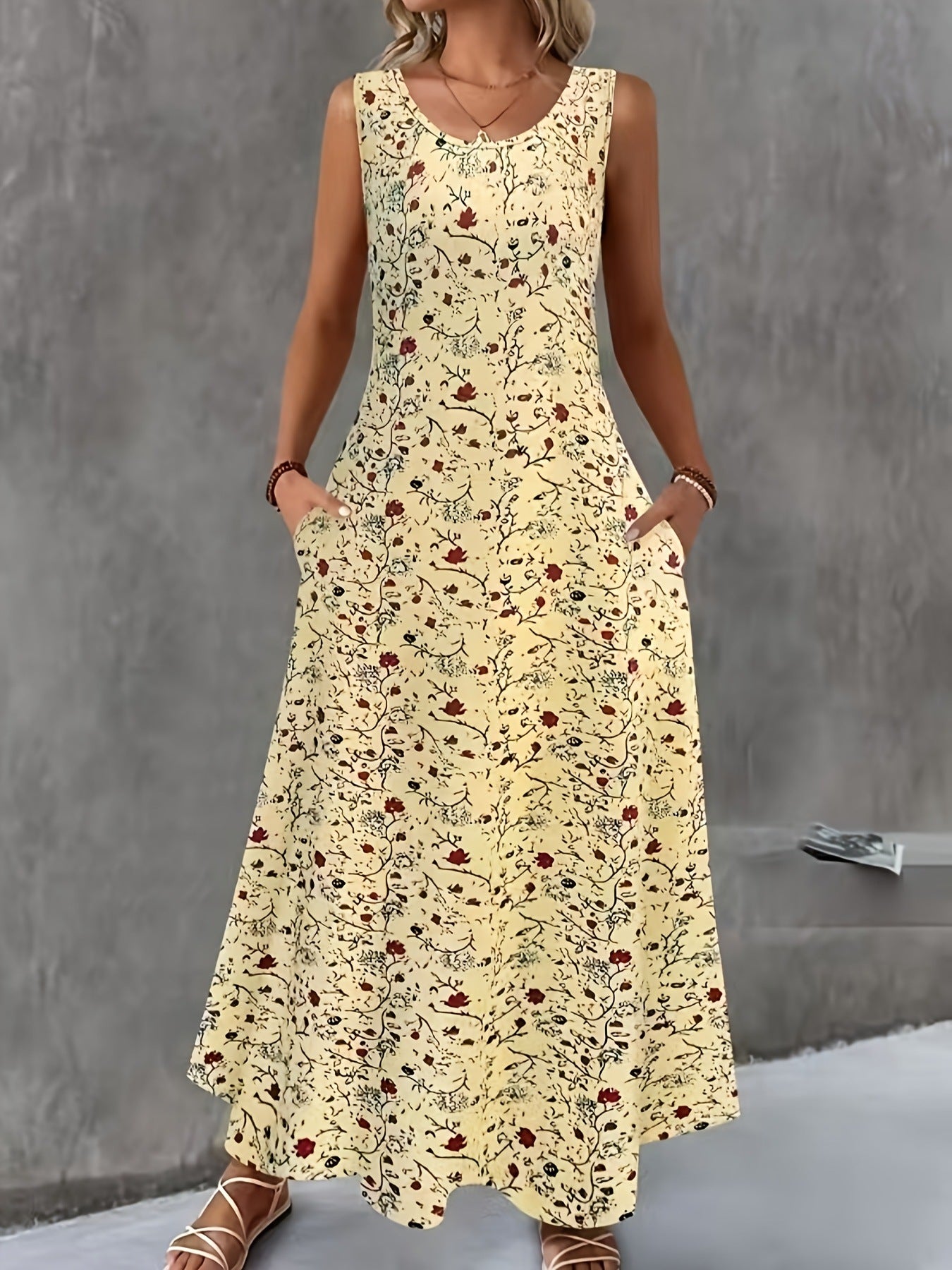 Fashionable Round Neck Sleeveless Printed Elegant Dress