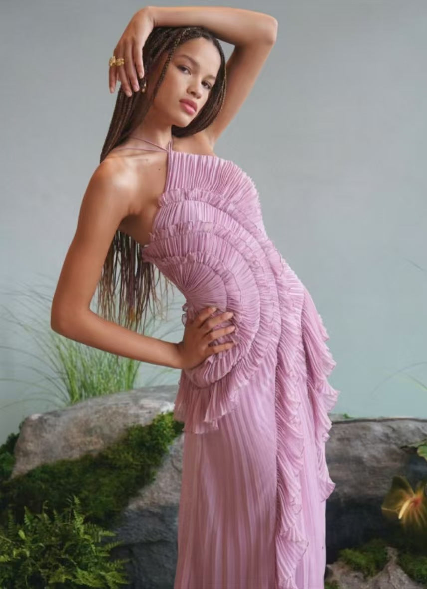Pleated Ruffled Halter Backless A- Hem Chiffon Dresses