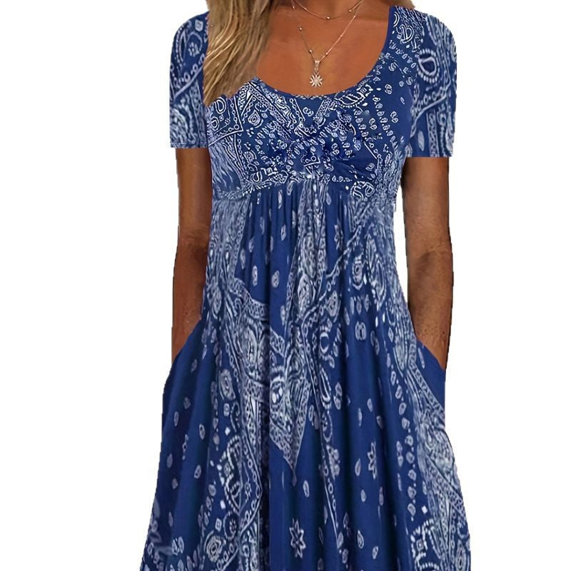 Round Neck Vintage Printed Comfort Casual Style Dress