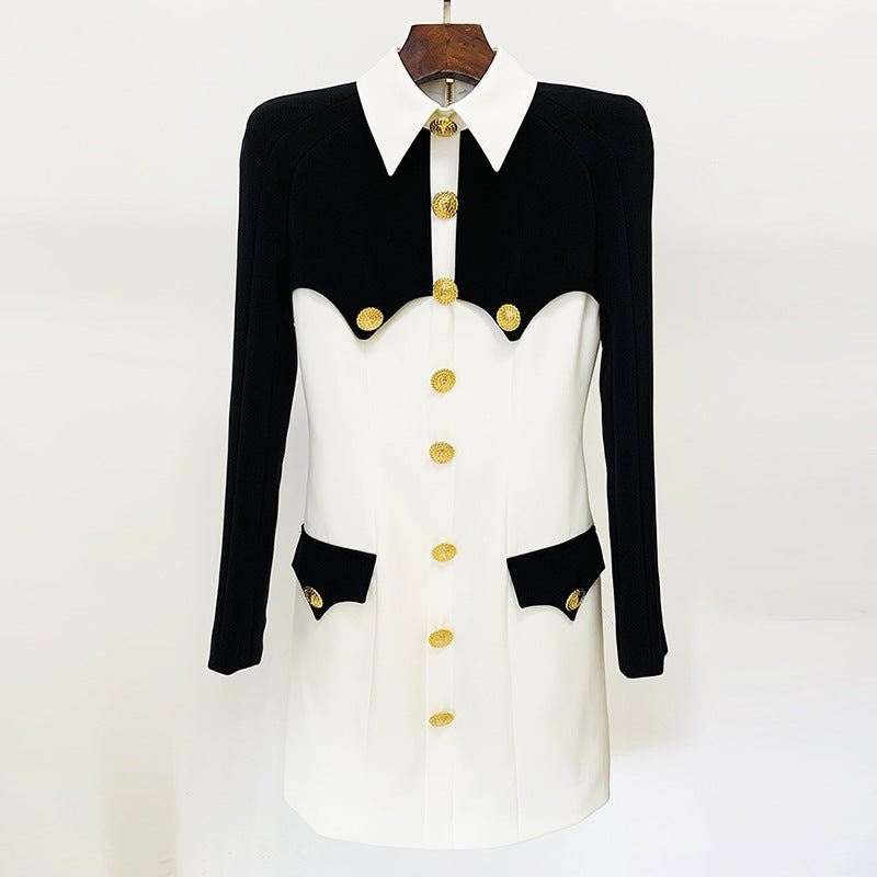 Black White Color Matching Contrast Shirt Collar Slim Dress