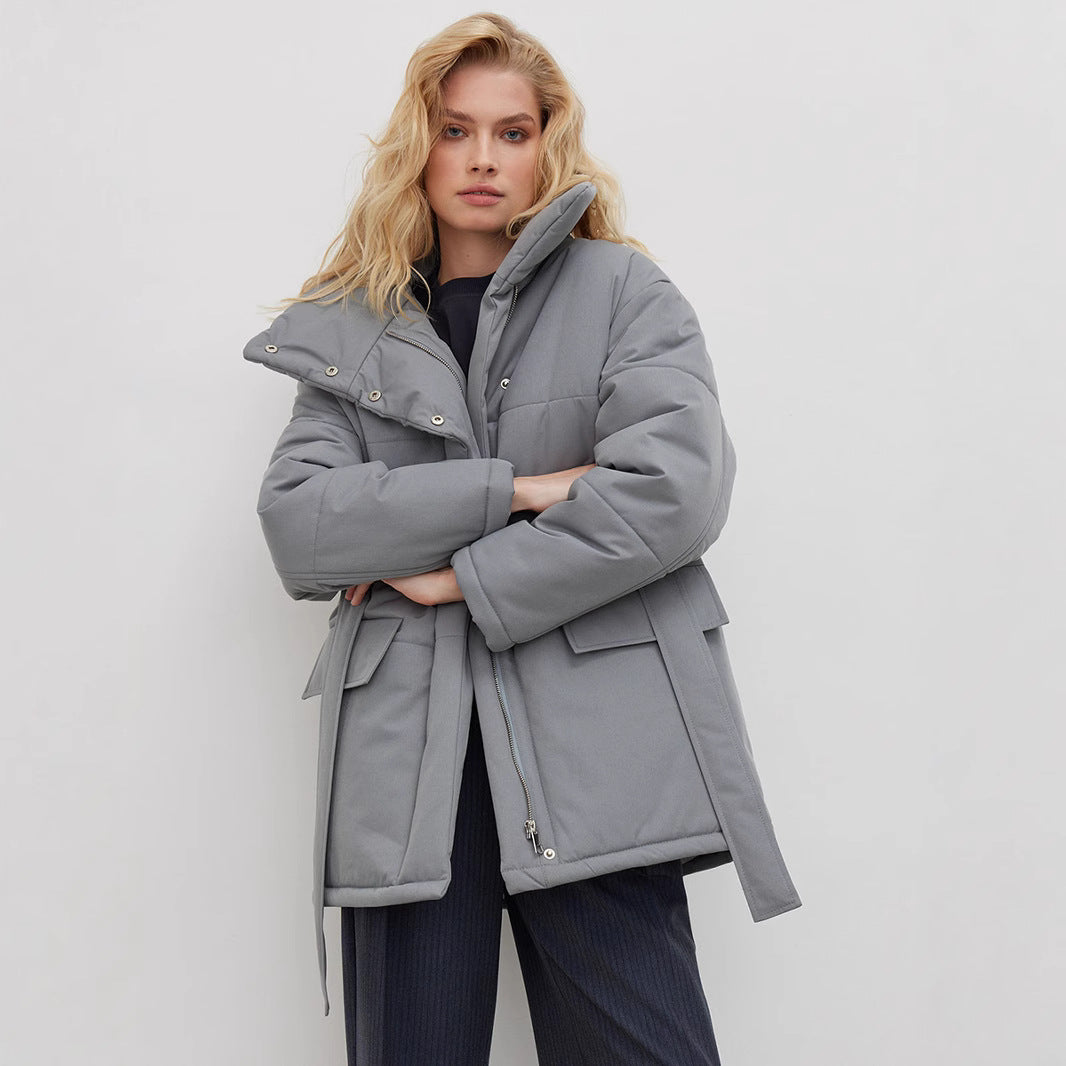 Stand-up Collar Temperament Belt Irregular Mid-length Coats