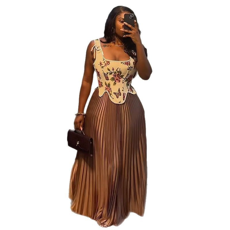 Women's Fresh Printed High Waist Pleated Two-piece Suits