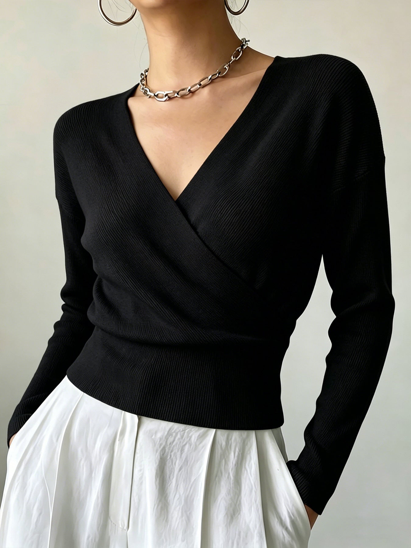 Women's Solid Color Fashion Cross Collar Tight Waist Design Show Figure Sweaters