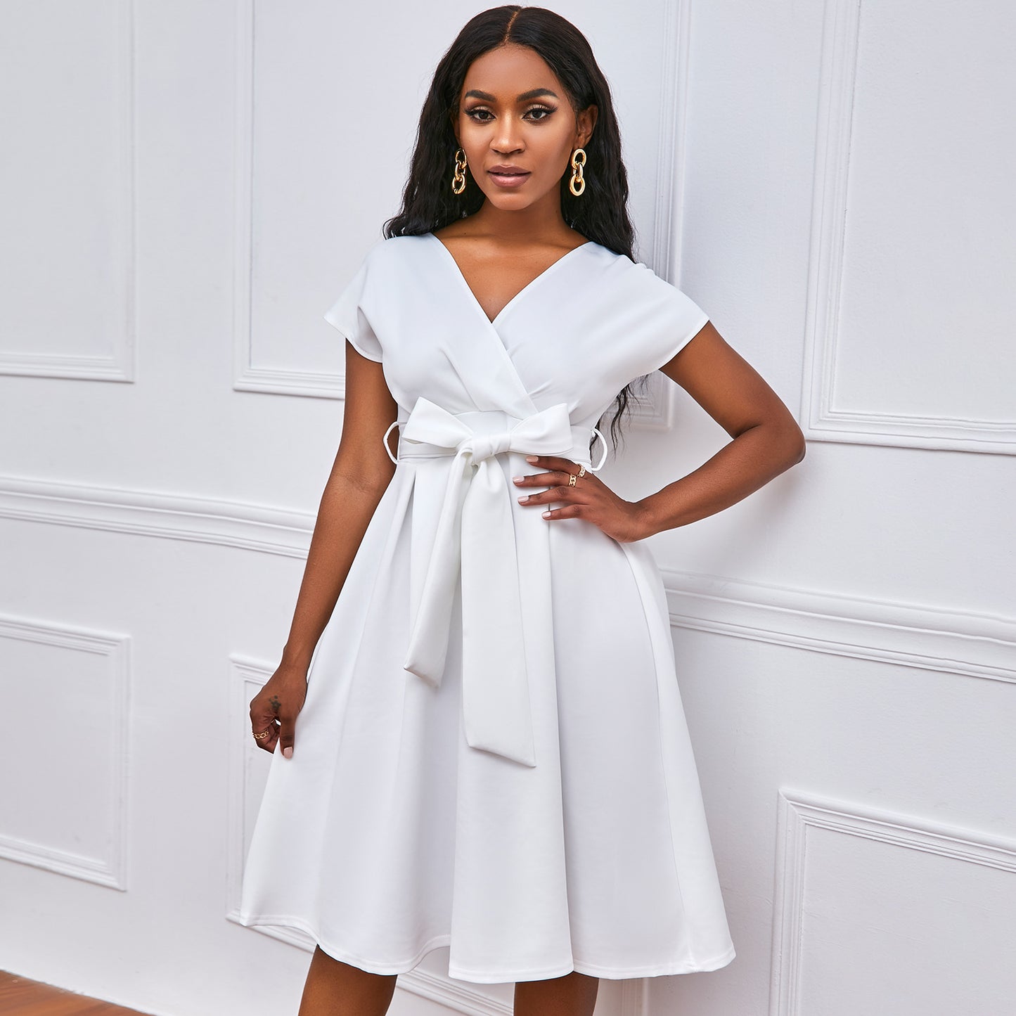 Color Waist Tight Bow Bandage Large Dress