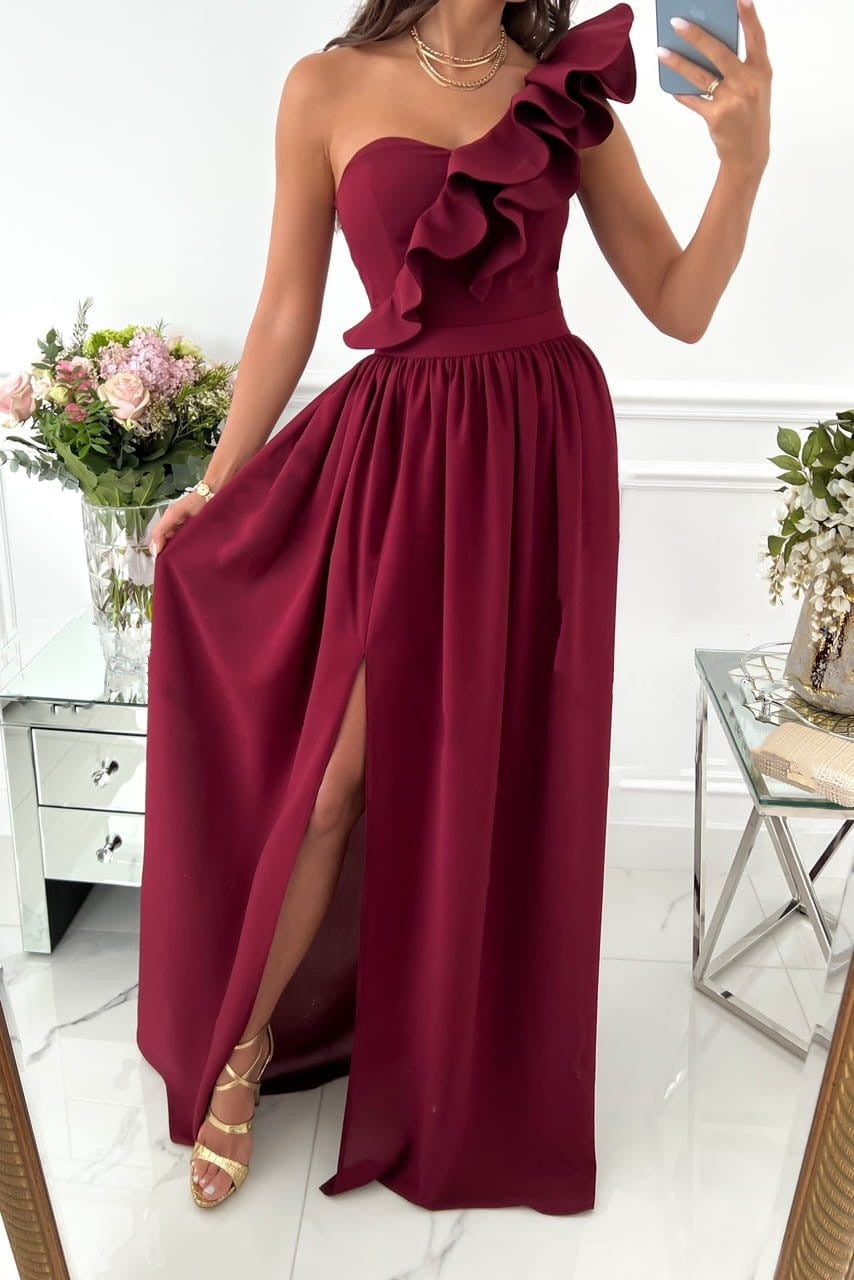 Women's Summer Sleeveless Shoulder Ruffled Slit Hemline At Dress
