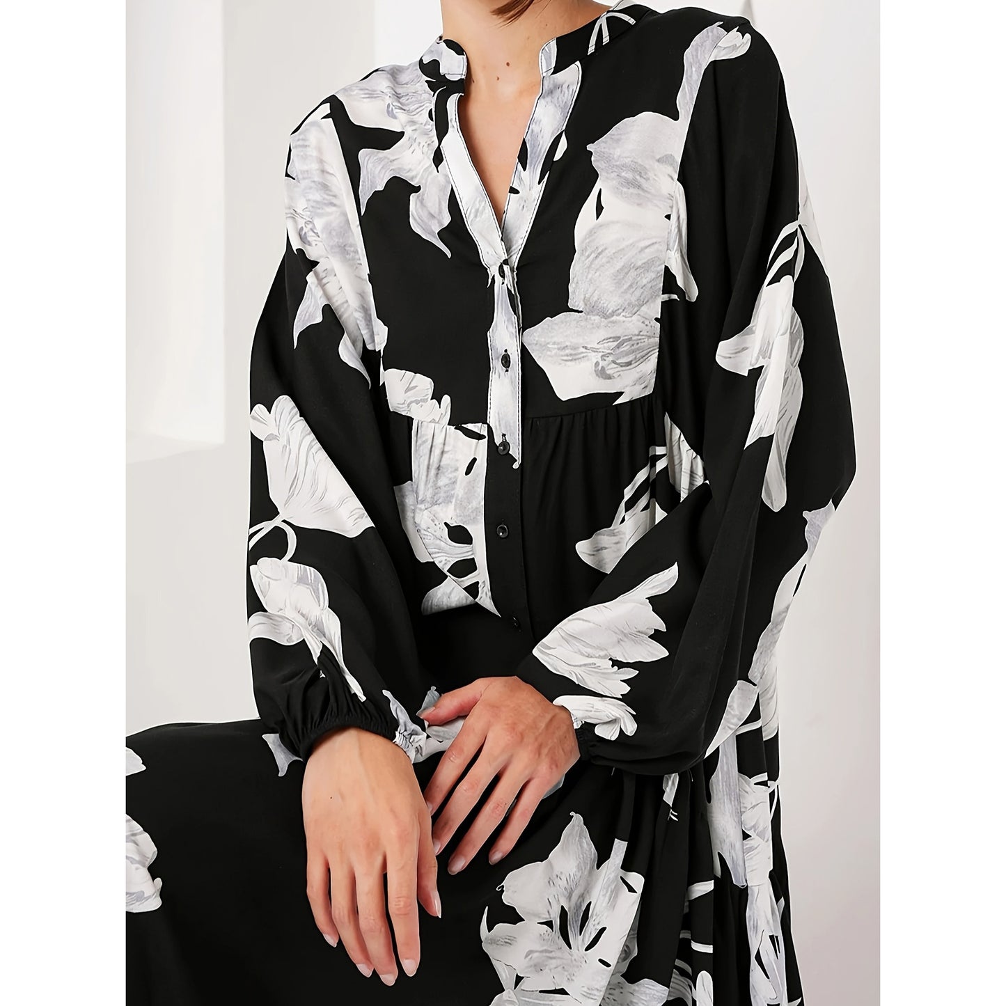 Graceful Noble Robe Flower Long Shirt Dress
