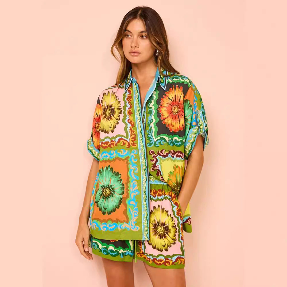 Loose Casual Fashionable Printed Daisy Linen Suits