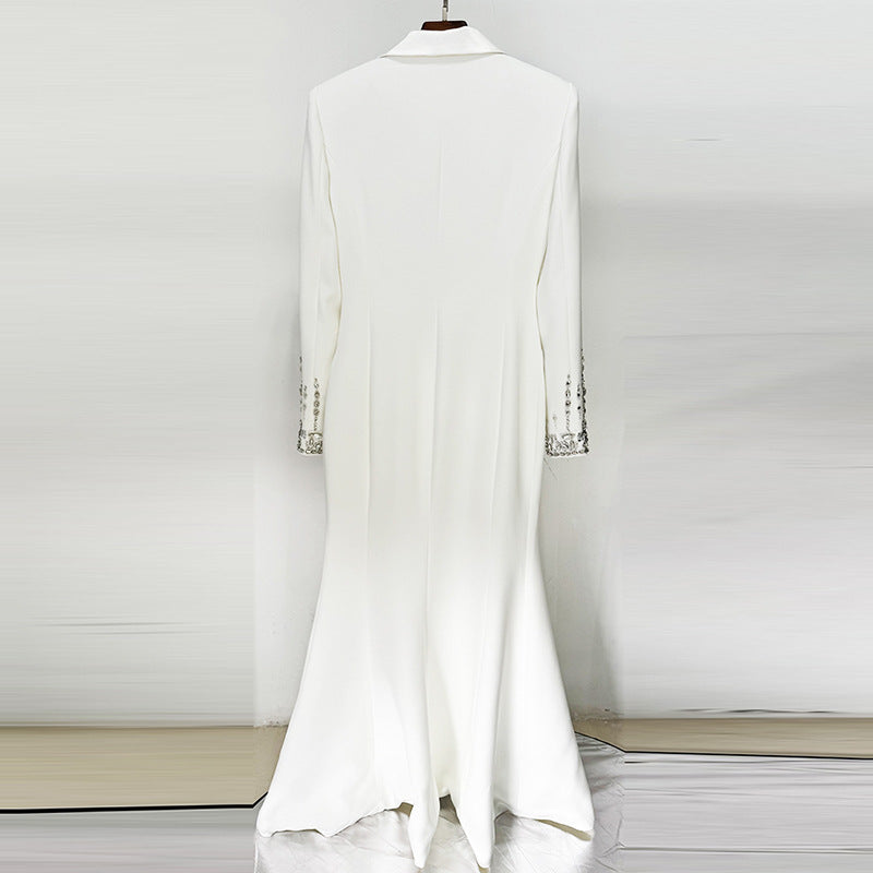 Fashion Bead Diamond Tailored Collar Long Dress