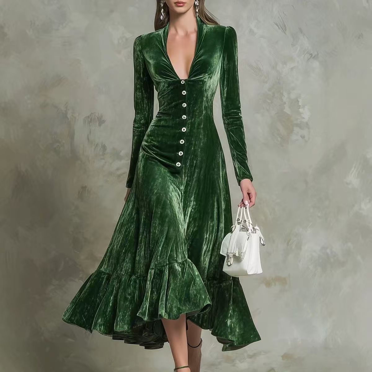 Solid Color Buttons Lapel Long Sleeve Waist Dress