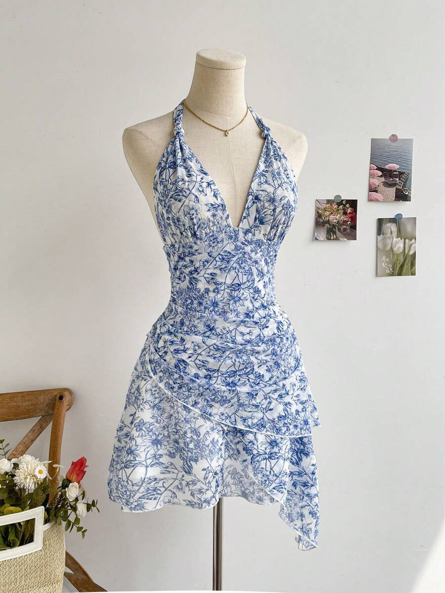 Blue Floral Fashion Temperament Leisure Sweet Mesh Dress