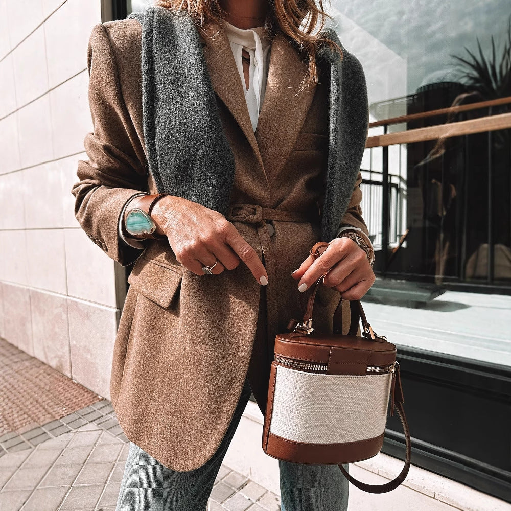 Women's Unique Fashion Casual Woolen Belt Coats
